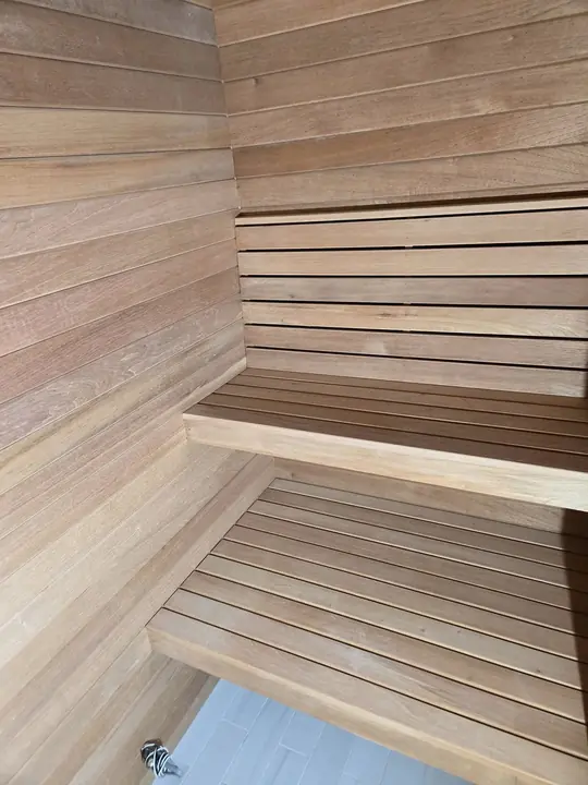Cedar sauna interior with slatted benches